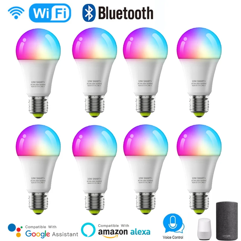 

8 шт., Wi-Fi + Bluetooth + 2,4G Смарт-лампа 10 Вт 800lm RGBWW цветные "сделай сам" с регулируемой яркостью, холодный и теплый свет лампы Таймер светильник для ...