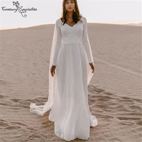 boho wedding dresses long sleeve lace bridal dress for women v neck backless bohemian bride gowns tulle vestido de noiva 2020