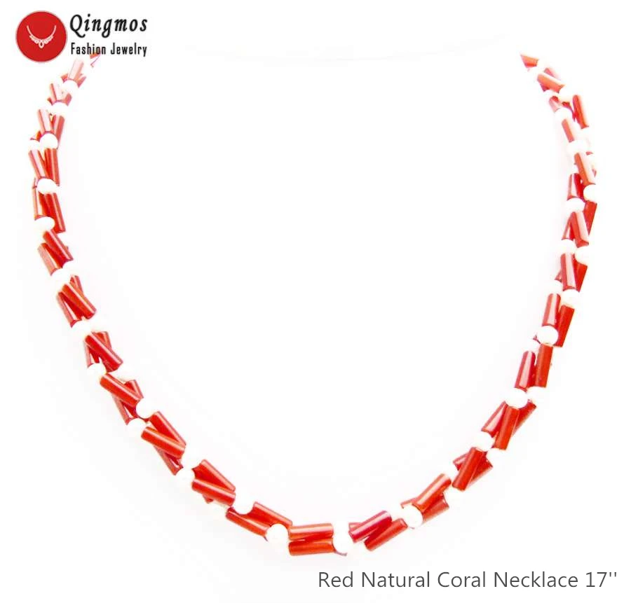 Qingmos Natural 3*9mm Thick Slice Red Coral Necklace for Women with 4mm Round White Pearl Jewelry 3 Strand Chokers 17'' | Украшения