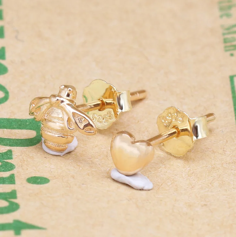 

925 Sterling Silver Pan Earring Golden Bee And Heart Studs Earrings For Women Wedding Party Gift Fashion Jewelry