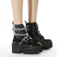 womens boots foreign trade thick soled wedge heel ladies short boots trifle metal chain front lace up martin boots