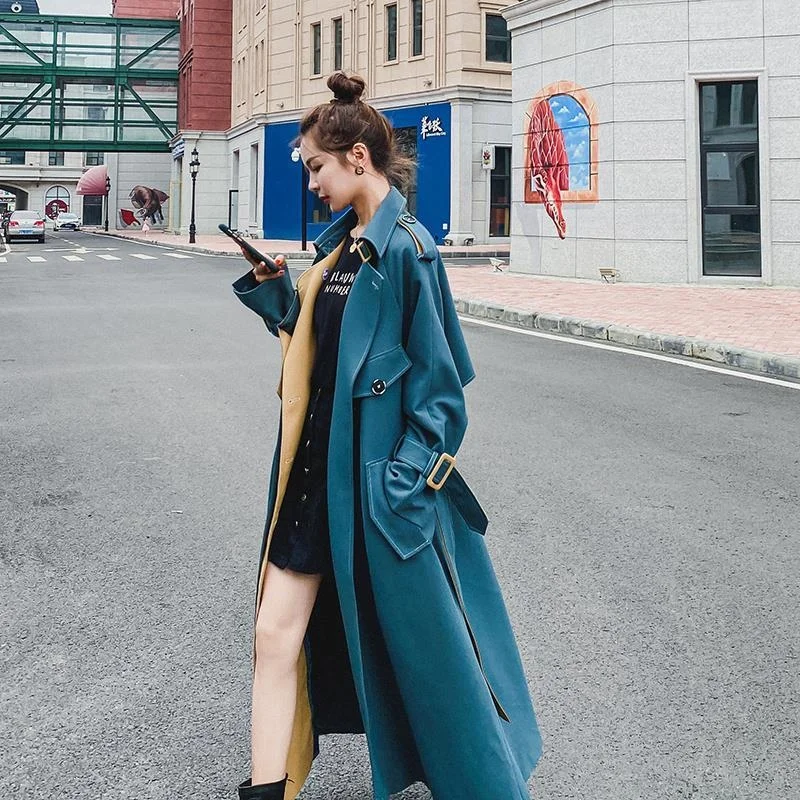 Женская одежда длинная куртка на осень и зиму женский длинный синий свободный