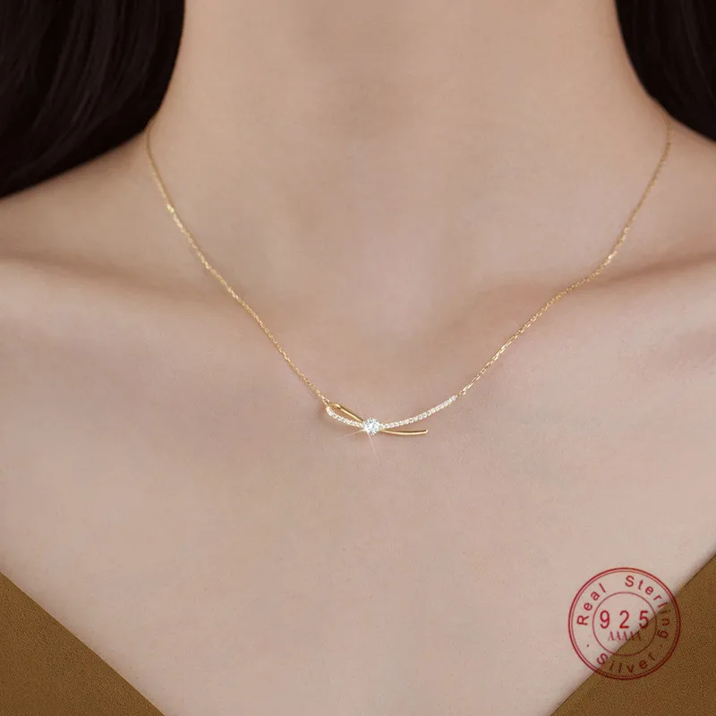 

HI MAN 925 Sterling Silver Pavé Crystal Bow Pendant Necklace Women Plated 14K Gold Small Fresh French Party Jewelry