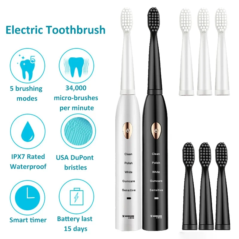 

Зубная щетка звуковая электрическая с таймером, отбеливание, 5 моделей, водонепроницаемость IPX7, для мужчин и женщин, для взрослых