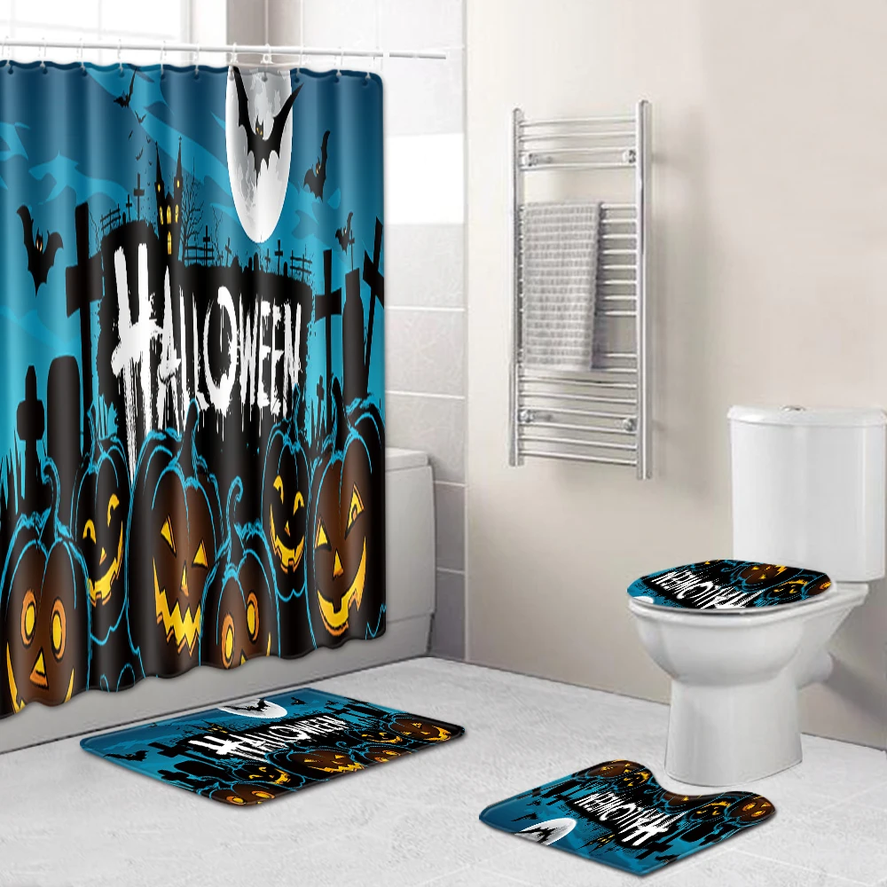 

Halloween Decor Bathroom Set with Shower Curtain Bath Mat Set Shower Carpet Mat Rug Witch Skull Bathroom Curtain Bath Mat Set