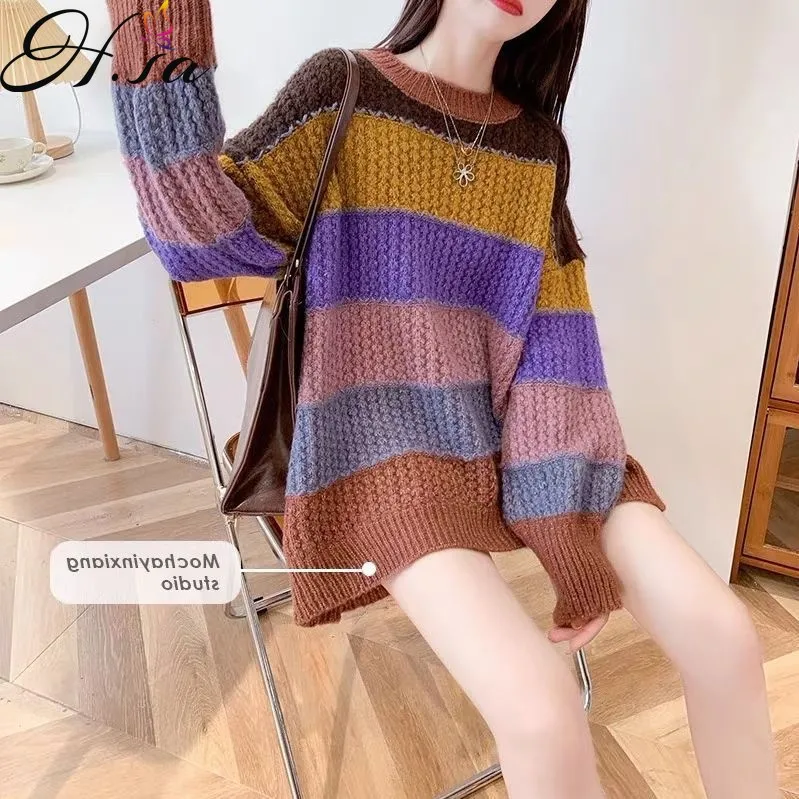 

Hsa женский зимний полосатый свитер 2021 с длинными рукавами оверсайз свитер Джемперы в Корейском стиле скрученный Радужный свитер трикотажны...