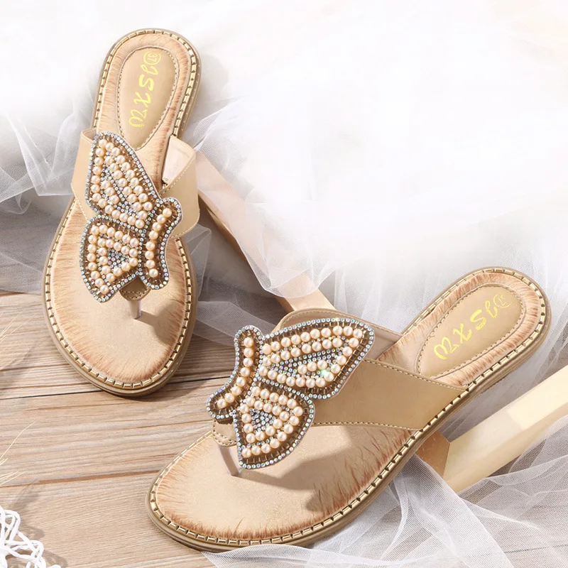

Summer Women Shoes Flat Beach Slippers Bling Rhinestone Flip Flops Non-slip Open Toe Sandal Flats Large Size Woman's Beach Shoes