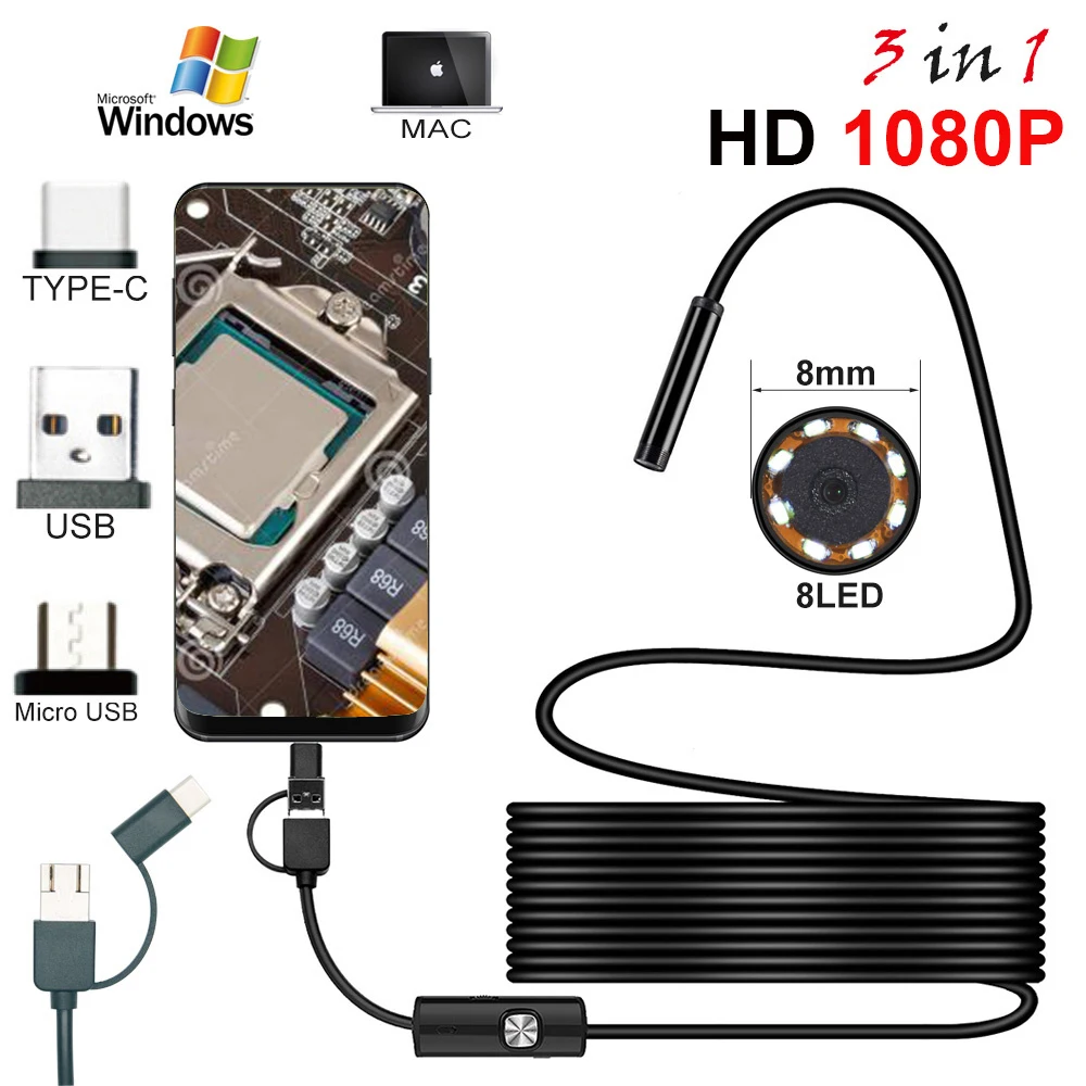 

Эндоскоп HD 1080P, USB Type-C/USB, водонепроницаемый, со светодиодсветильник кой