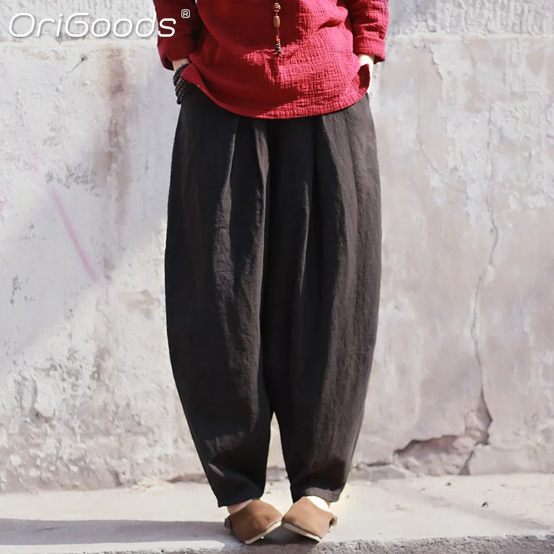 Оригинальные винтажные шаровары женские льняные хлопковые брюки большого