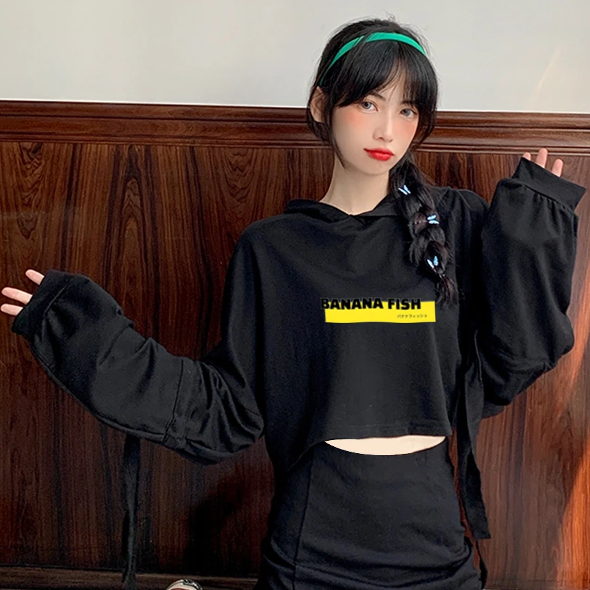 

Banana Fish Anime Printing Women's Oversized Hoodie Sweatshirt Hand Strap Hoodies Ladie Harajuku Long Sleeve Pullover Short Tops
