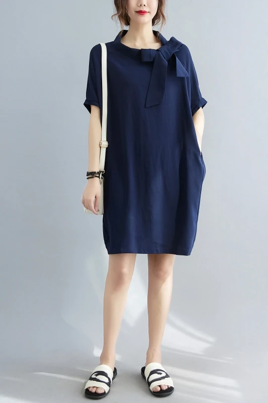 

COIGARSAM Short Women dress Loose Bow Batwing Sleeve Stand Neck Dresses Dark Blue 6166