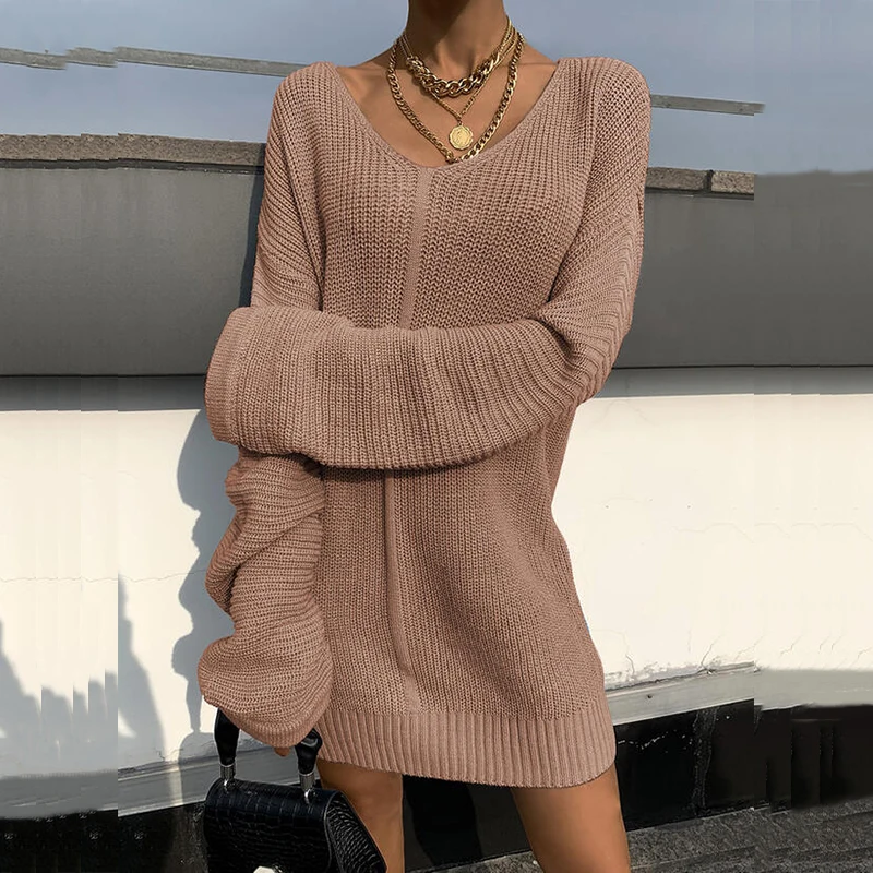 

Autumn New Women Long Sleeved Solid Fashion Sweater Dress Casual Knitted Sweater Dress Lady Elegant V-Neck Loose Mini Dresses