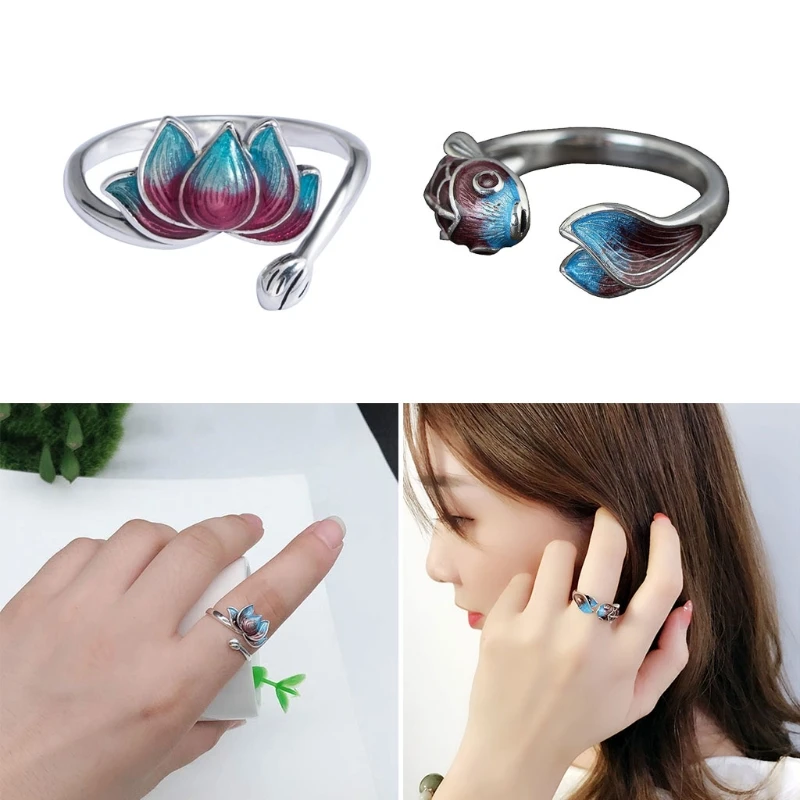 Винтажные эмалевые кольца в виде цветка лотоса очаровательное Открытое кольцо