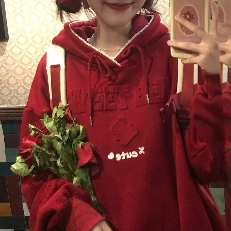 

Kawaii Hoodie Pullover Women Winter Warm Casual Loose Lolita Hoodies Female Sweet Oversized Thick Pullover Tops Long Slevee 2021