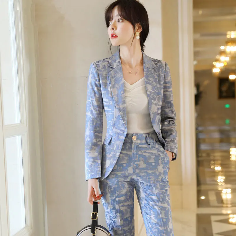 Женский жаккардовый пиджак смокинг элегантный Деловой брючный костюм из 2