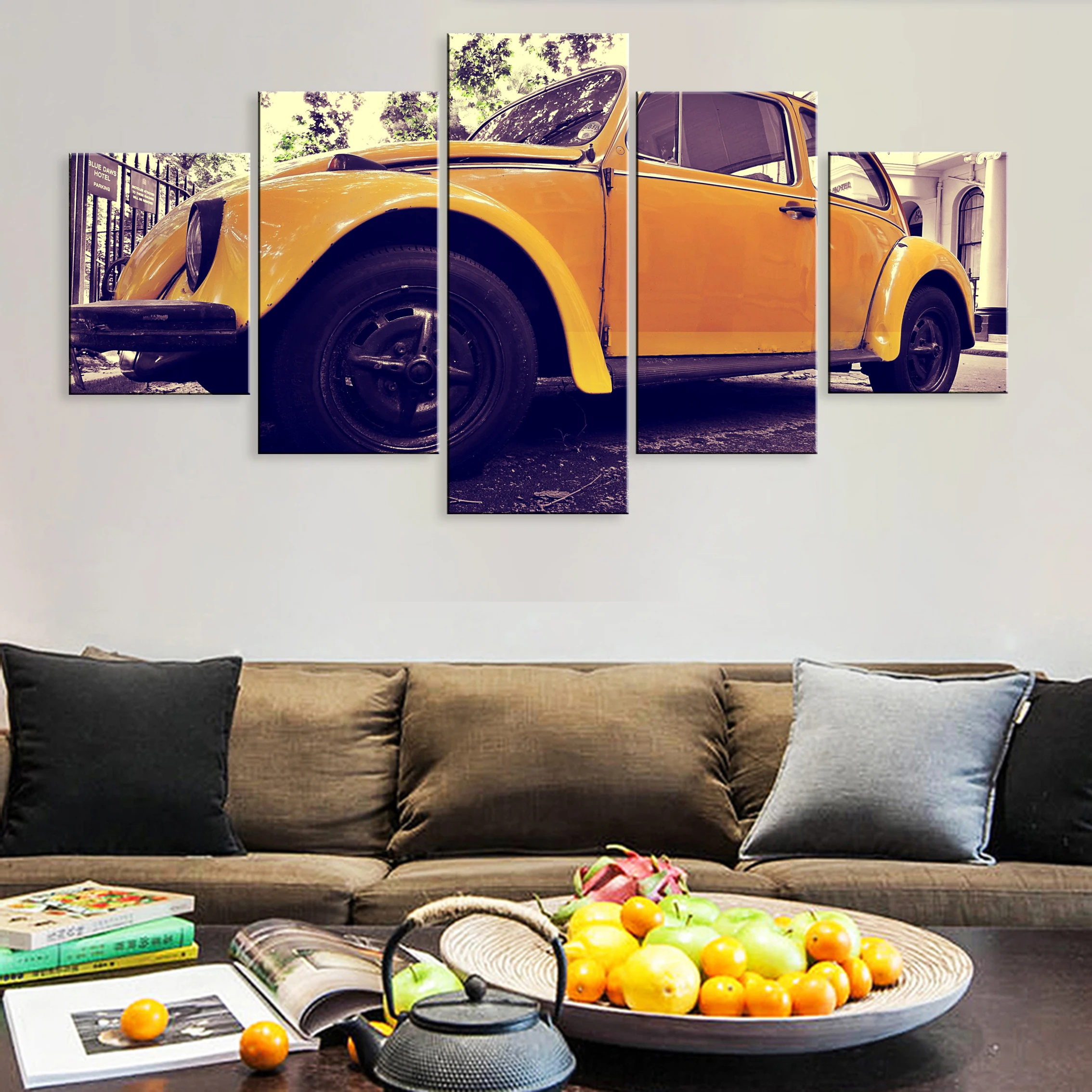 

Hd Printed Modern 5 Pieces Artwork Modular Poster Yellow Vintage Car Canvas For Living Room Home Decor Framework