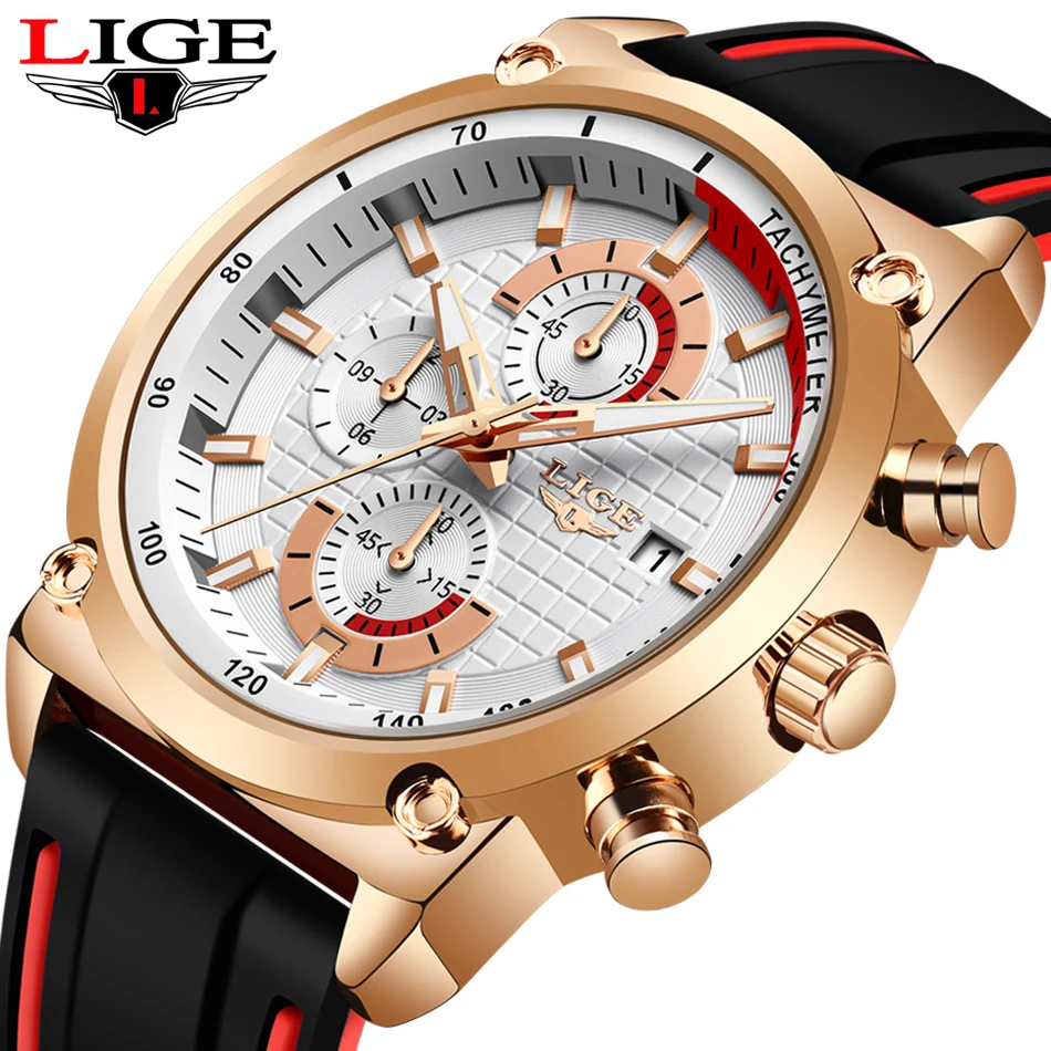 LIGE Casual Fashion Silicone Watches Mens Top Brand Luxury Sport Clock Waterproof Quartz Wrist Watch Chronograph Mens Watch+Box