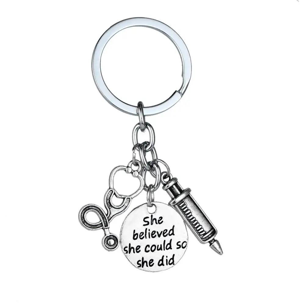 

12PC She Believed She Could So She Did Keyring Needle Stethoscope Charm Pendant Keychain Best Friends Nurse's Day Gifts Jewelry