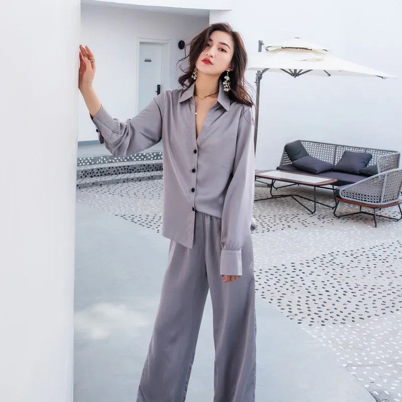 Женская шелковая Простая Повседневная Пижама свободного покроя осенняя