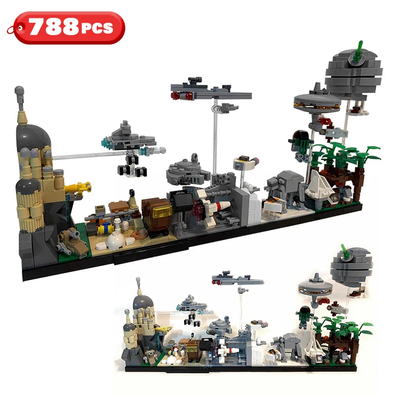 

Space Wars Movie Series City Skyline Castle Architecture Millennium Spaceship Destroyer Flying Model Building Blocks Bricks Toy