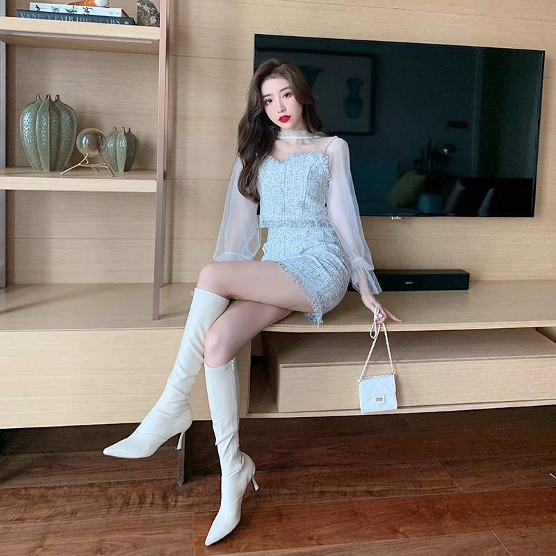 

2021 Fashion Three-piece Suit Women's Clothing Autumn New Korean Version Solid Color Puff Sleeve Net Yarn Tops Tassel Skirts