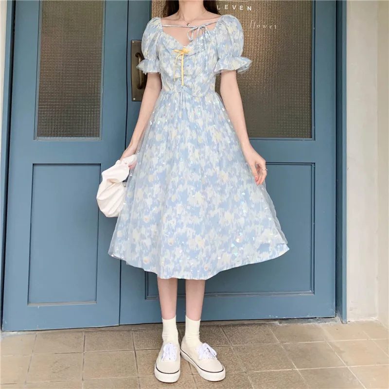 

Ladies Summer Dress Floral New French Gentle Style Puff Sleeve V-Neck Dress