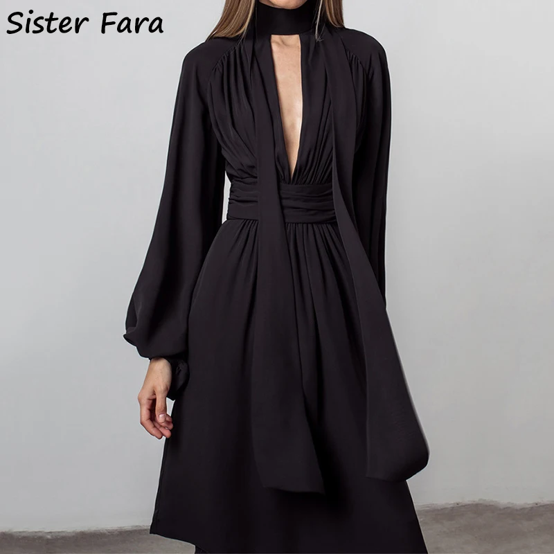 

Sister Fara 2022 Spring Autumn Chiffon V-Neck Bow Elegant Dresses for Women Lantern Sleeve Knee Dress Ladies Loose Casual Dress