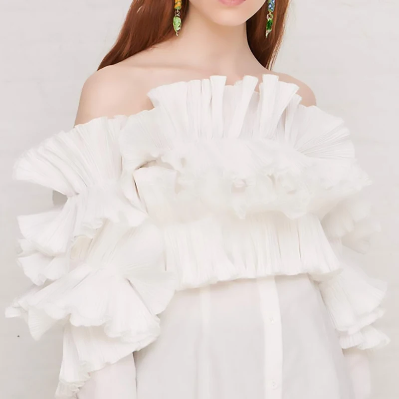 Женская Свободная блузка [EAM] белая с воротником-лодочкой длинными рукавами и