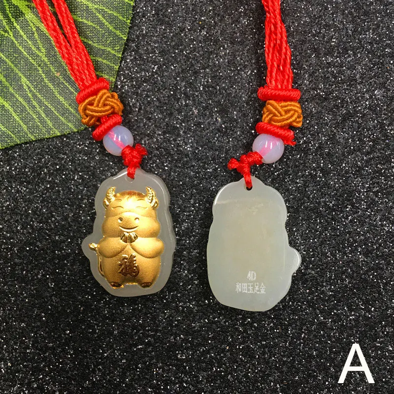 

2021 Chinese Zodiac Year of the Ox Pendant 24K Gold with Natural Nephrite Green Gift FOU99