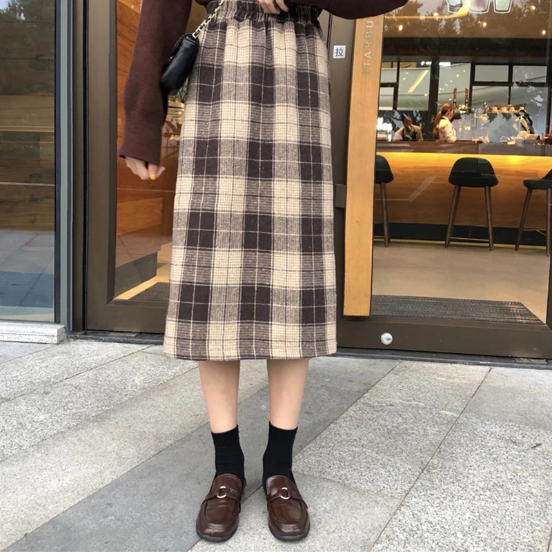 2019 корейская женская Зимняя шерстяная юбка с высокой талией а-силуэт в клетку