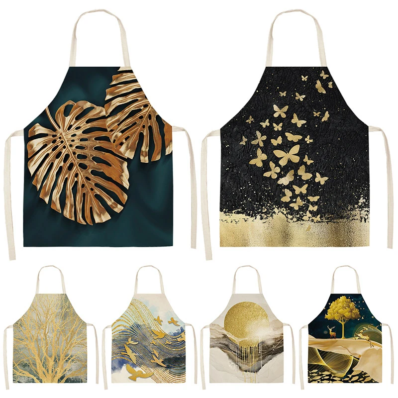 

Golden Deer Butterfly Kitchen Aprons For Women Cotton Linen Bibs Household Cleaning Pinafore Home Cooking Apron XHWQ08