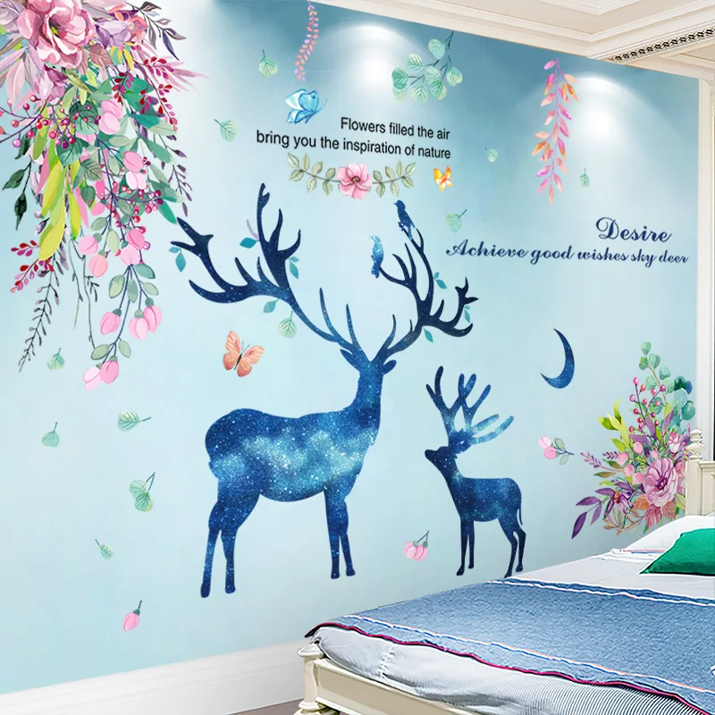 

[shijuekongjian] Flowers Leaves Wall Stickers DIY Deer Animal Mural Decals for Living Room Kids Bedroom Kitchen Home Decoration