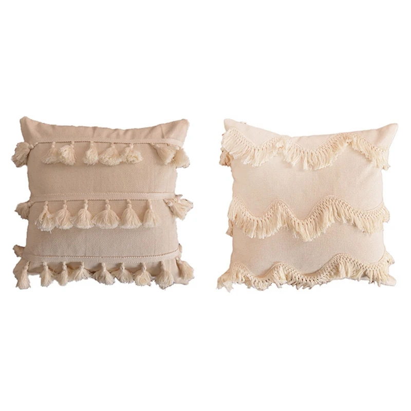 

Hot XD-2x Cushion Cover Plush with Tassels Cute Moroccan Style Pillowcase Lace Home Sofa Decoration -Bell Style & Wave Style