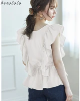2021 summer new product japanese round neck wooden ears flying sleeves solid color waist two wear shirt women