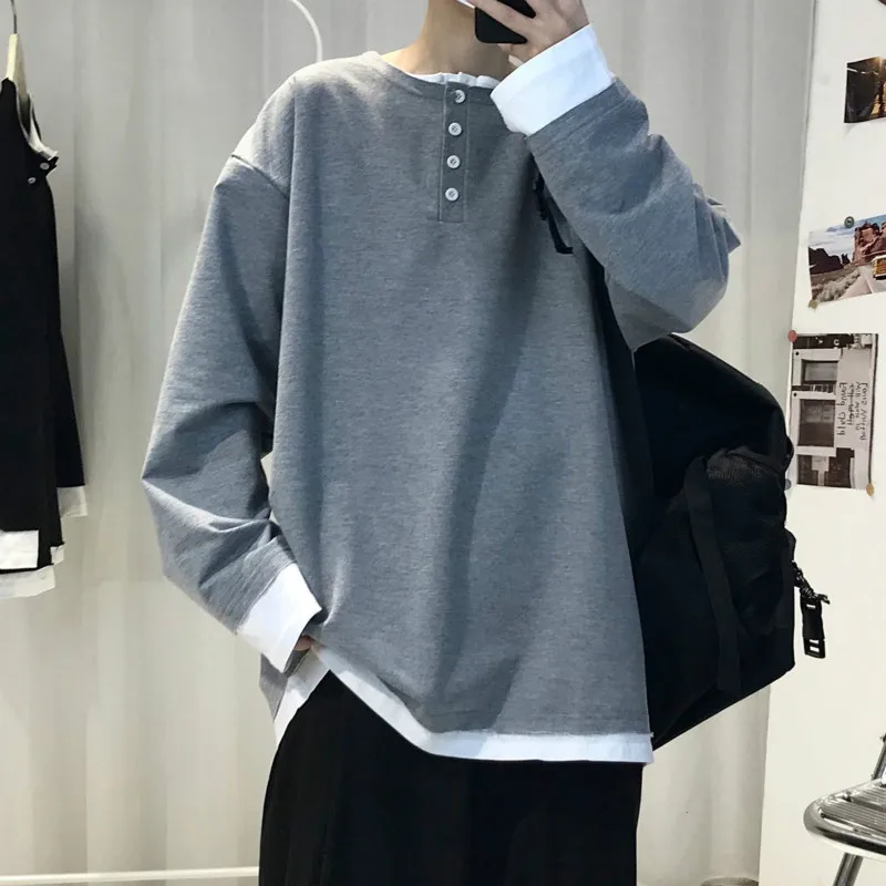

2021 spring and autumn New long-sleeved t-shirt men's Korean loose ins tide brand round neck fake two-piece bottoming top black