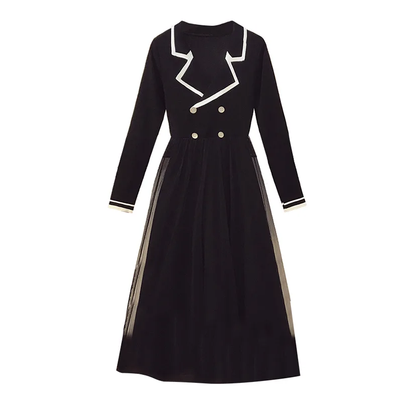 

Women's Knitted Dress 2021 Spring Autumn Temperament High Waist Double Breasted Plump Girls Mesh Knee Slimming Splicing Dress