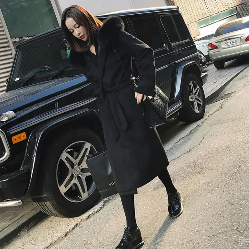 

Women Woolen Coat Long Over-Knee Trench Coat Women Outerwear Wool Blend Warm Coat Lady Slim Woolen Overcoat With Fur Collar