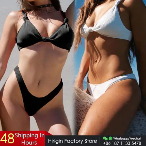 Женский комплект бикини с чашками пуш ап однотонный бандажный купальник