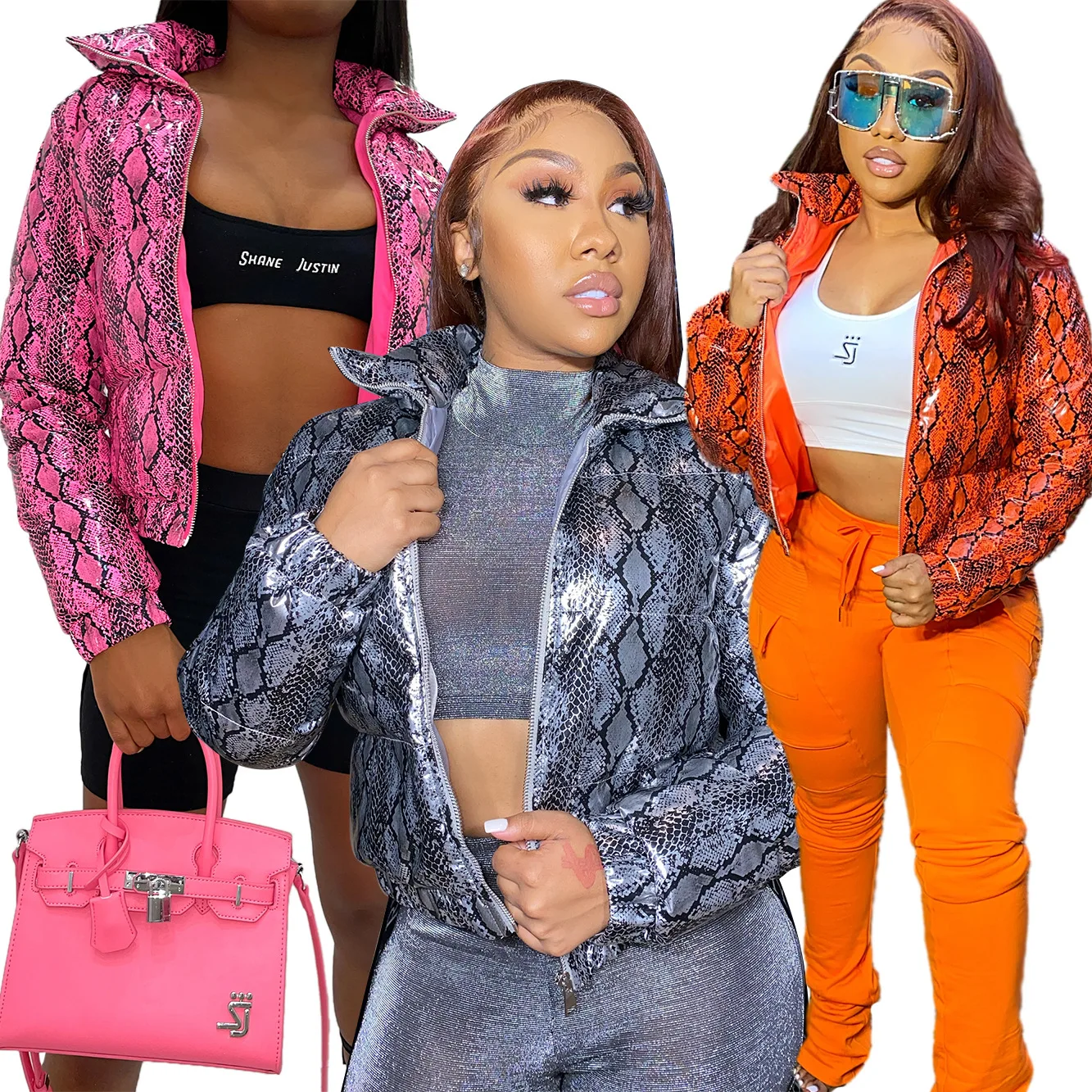 

Женские парки, толстая змеиная розовая Повседневная пуховая куртка 2021, зимняя модная теплая укороченная винтажная пуховая куртка в стиле Х...