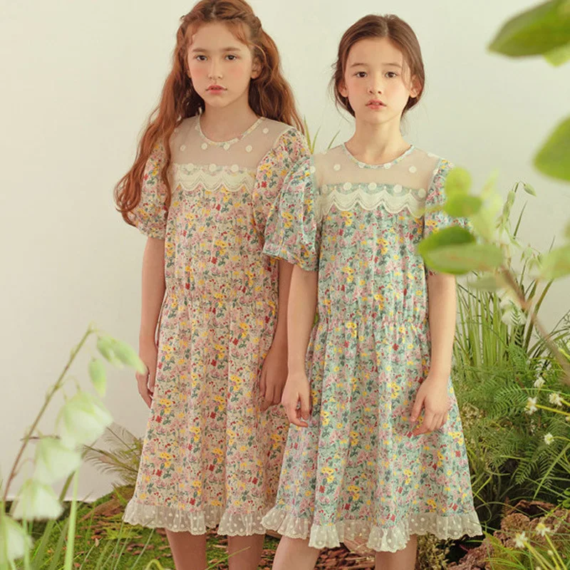 

2 To 16 Years, Girls Elegant Retro 2021 New Girls Floral Dress Children Cotton Clothes Kids Mommy and Me Dress Puff Sleeve,#6060