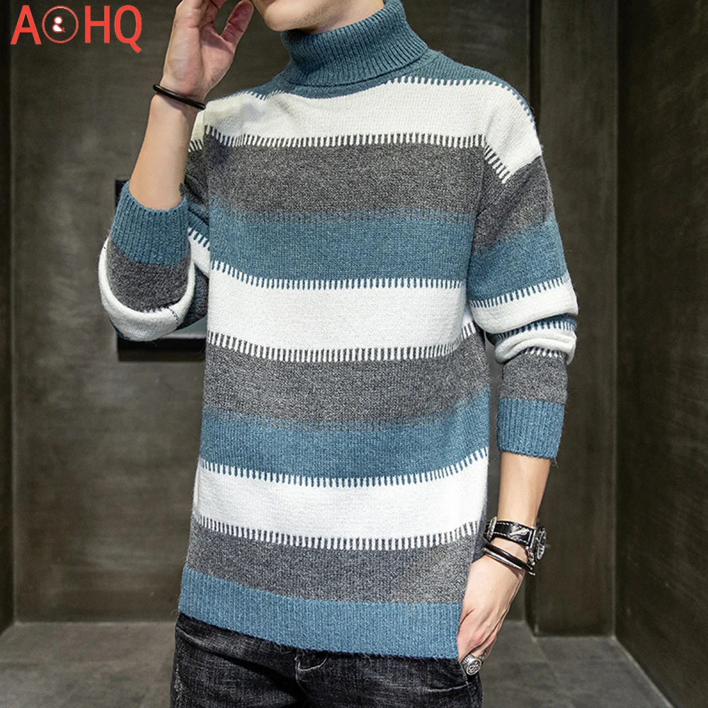 

Sweater Turtleneck Men Autumn Knitted Pullover Sweater Striped Pattern Casual Street Wear Slim Sweater Mens Autumn Basic Top
