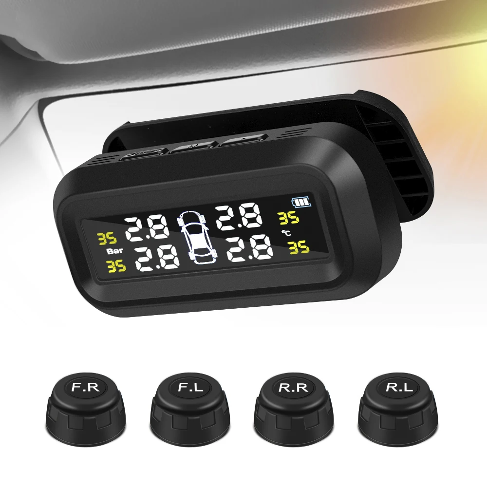 

Solar Power Tire Pressure Sensor Pressure Gauge Digital Display Car Tire Pressure Monitor System Alarm Temperature Warning