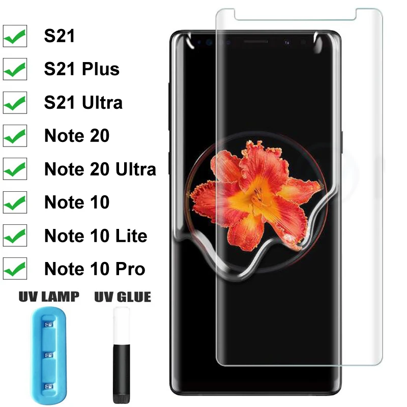 

Полноэкранная защита для Galaxy Note 8 9 10 20, УФ закаленное стекло для Samsung Galaxy S21 S20 Plus Ultra S10 S9 S8 Plus S7 Edge