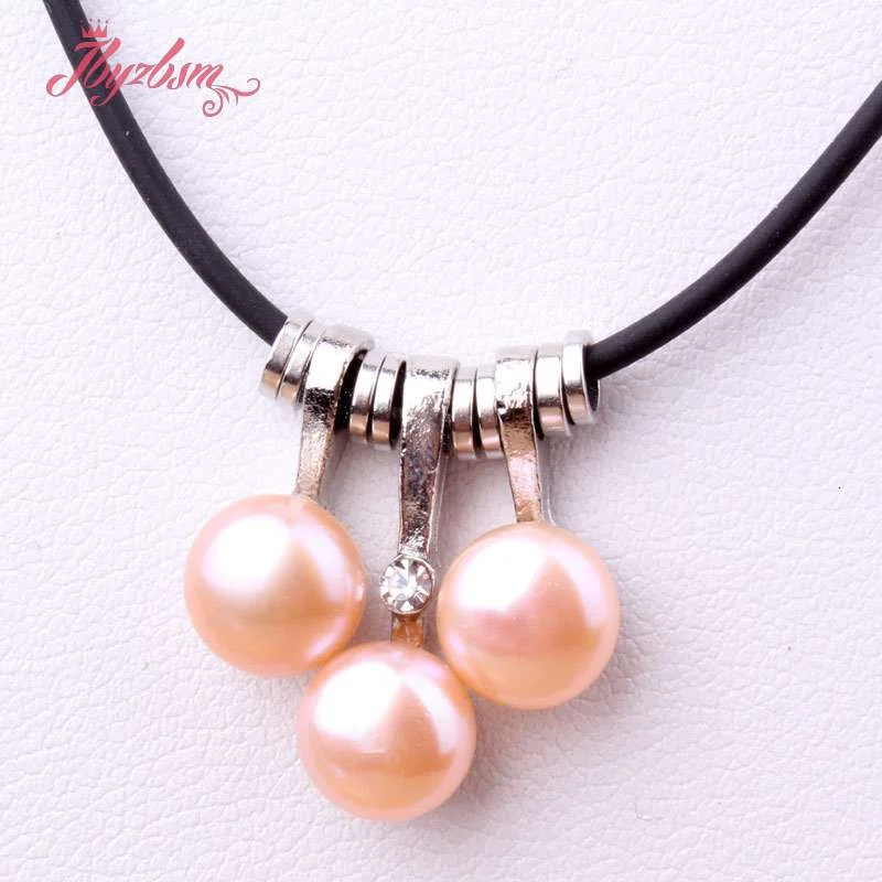 

Natural Round Pink White 3 Pcs Freshwater Pearl Pendant Minimalist Leather Necklace for Women Wedding Party Anniversary Gift 17"