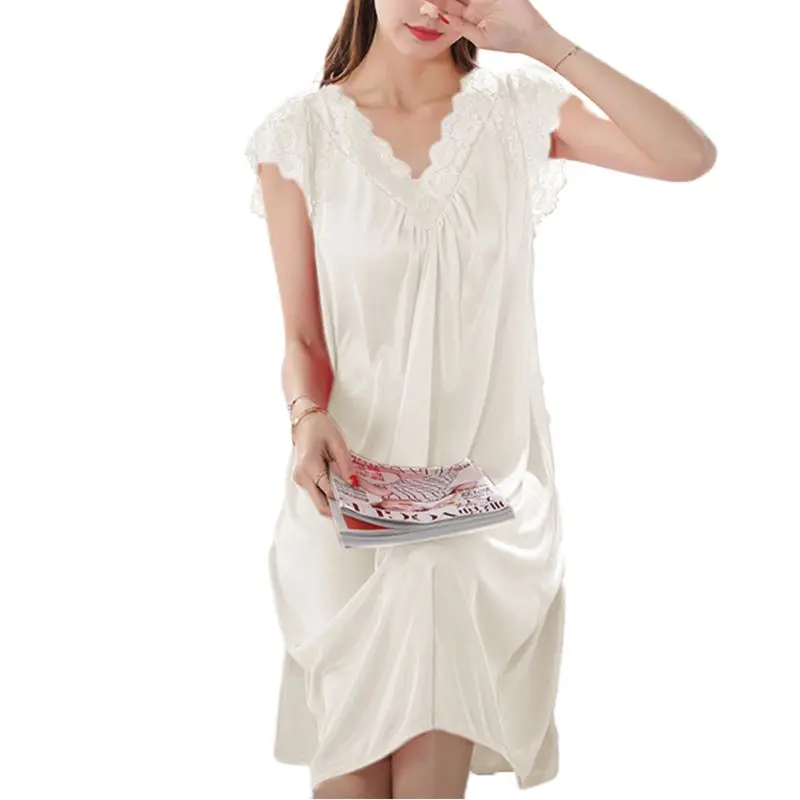 

Women Sexy V-Neck Floral Lace Splicing Short Sleeve Nightdress Imitation Silk Solid Color Lingerie Sleepwear Midi Long M3GF