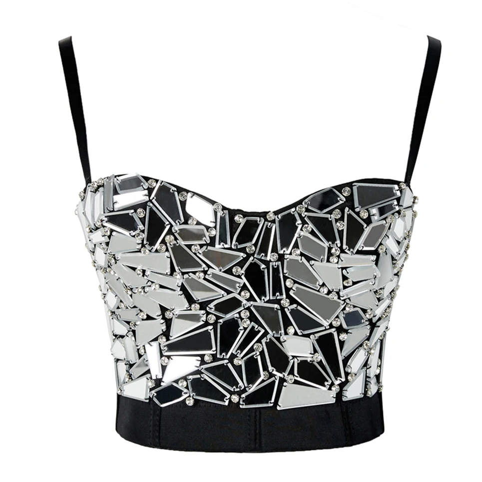 

Women Summer Sexy Rave Outfit Corset with Rhinestones Silver Sequin Glitter Crop Top Strass Goth Festival Clothing Dropshipping