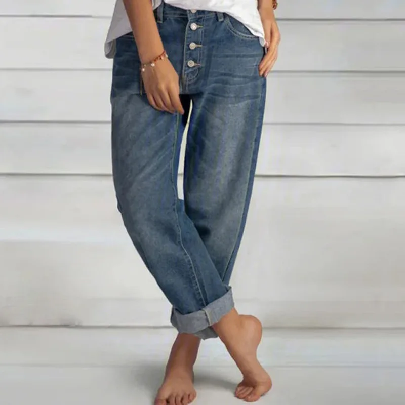 

WEPBEL Women's Casual Mid-Waist Single-Breasted Denim Straight-Leg Pants Spring and Autumn Fashion Solid Color Loose Jeans
