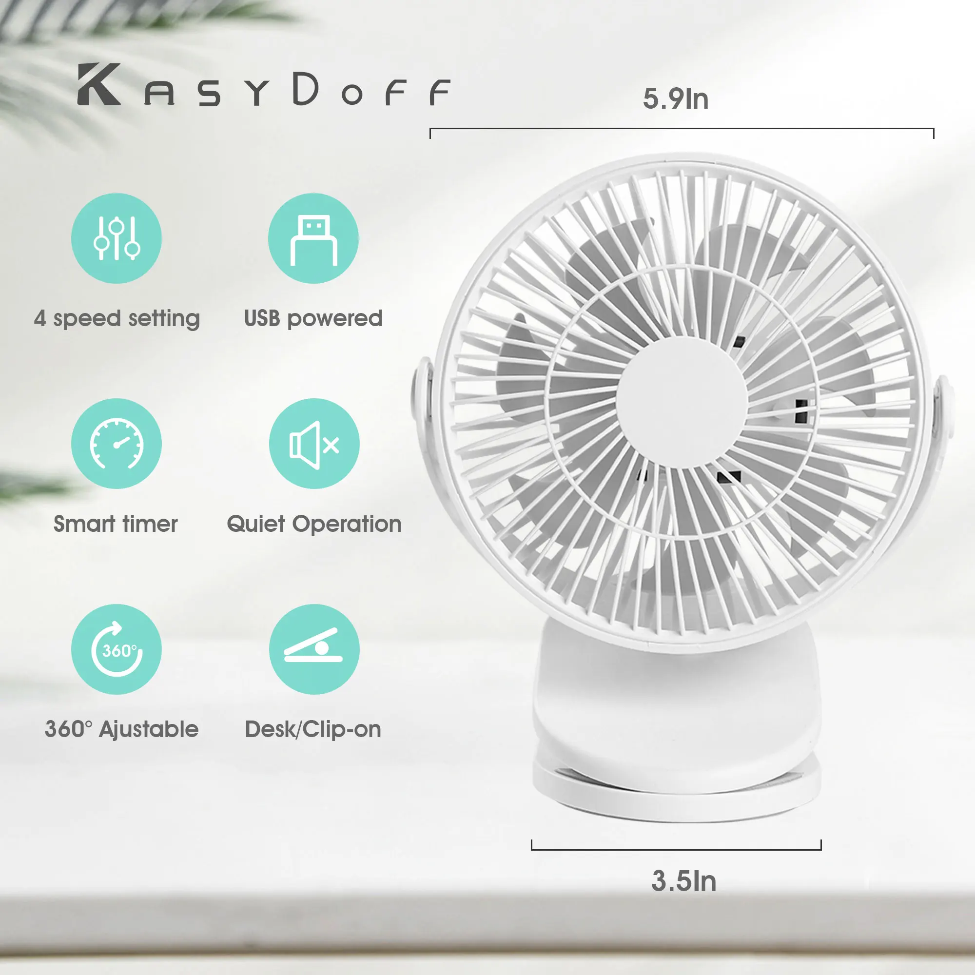 

KASYDoFF USB Portable Clip on Stroller Fans with 4 Speeds Quiet Mini Table Fan 360° Rotatable Battery Operated Rechargeable