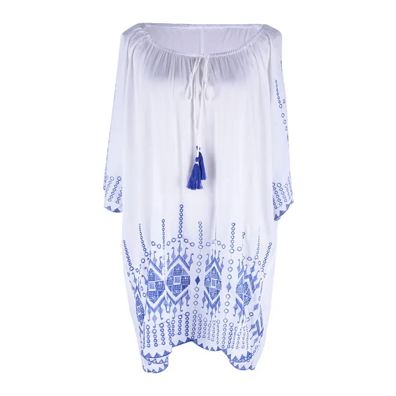 

Cotton Beach Tunic Dress Embroidery Beach Coverup for Women Pareo de Plage Swimsuit Cover up Beach Sarongs Swimwear Kaftan