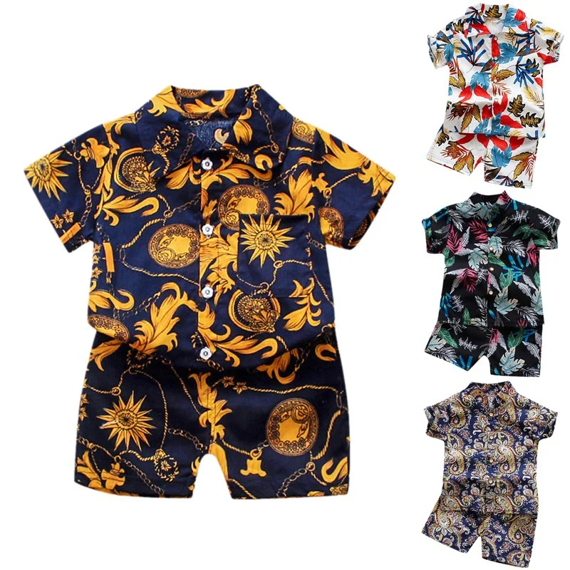 

Floral Printed Baby Clothes Sets Summer Short Sleeve Shirt Top + Pants 2 Piece Gentleman 1-5 Years Kids Beach Suit Boy Clothes